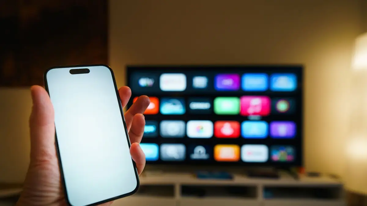 Smartphone held in front of a smart TV app screen