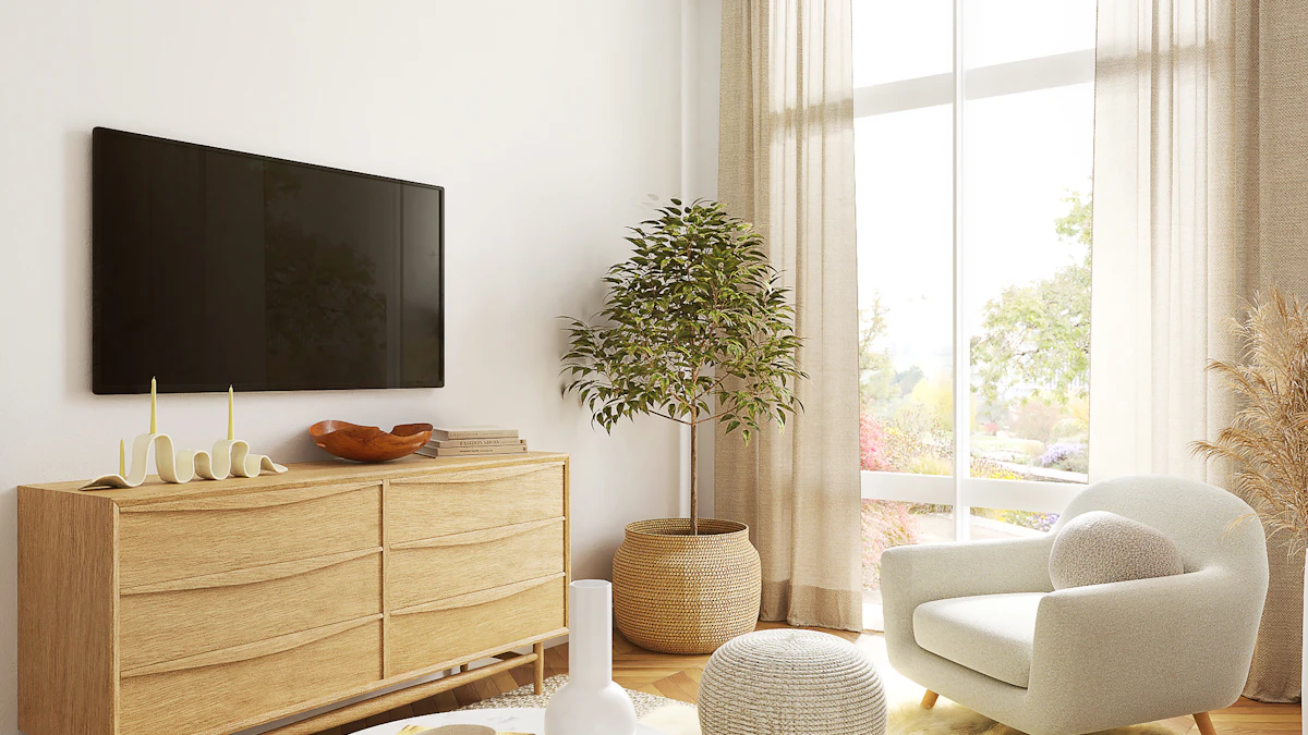 Wall-mounted television above a wooden media cabinet in a bright living room