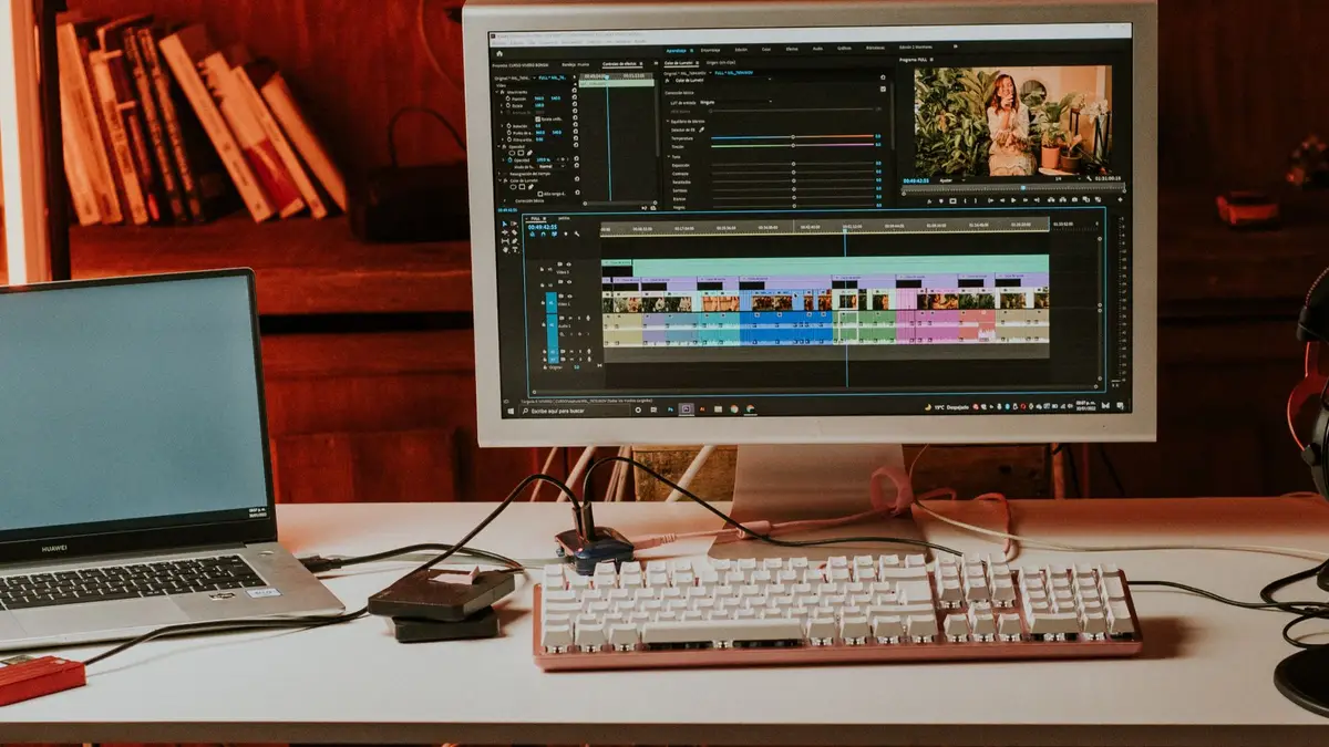 Desktop computer and laptop in a modern video workspace